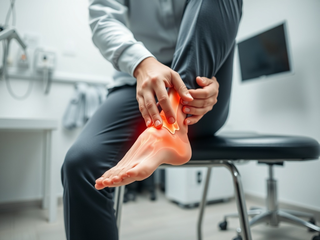 의자에 앉아 자신의 발목 관절 부위를 손으로 짚으며 상태를 점검하고 있는 사람의 모습