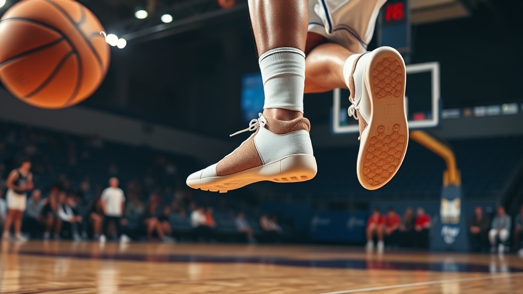 농구 경기 중 얇은 예방용 보호대를 착용하고 점프하는 선수의 발목 모습